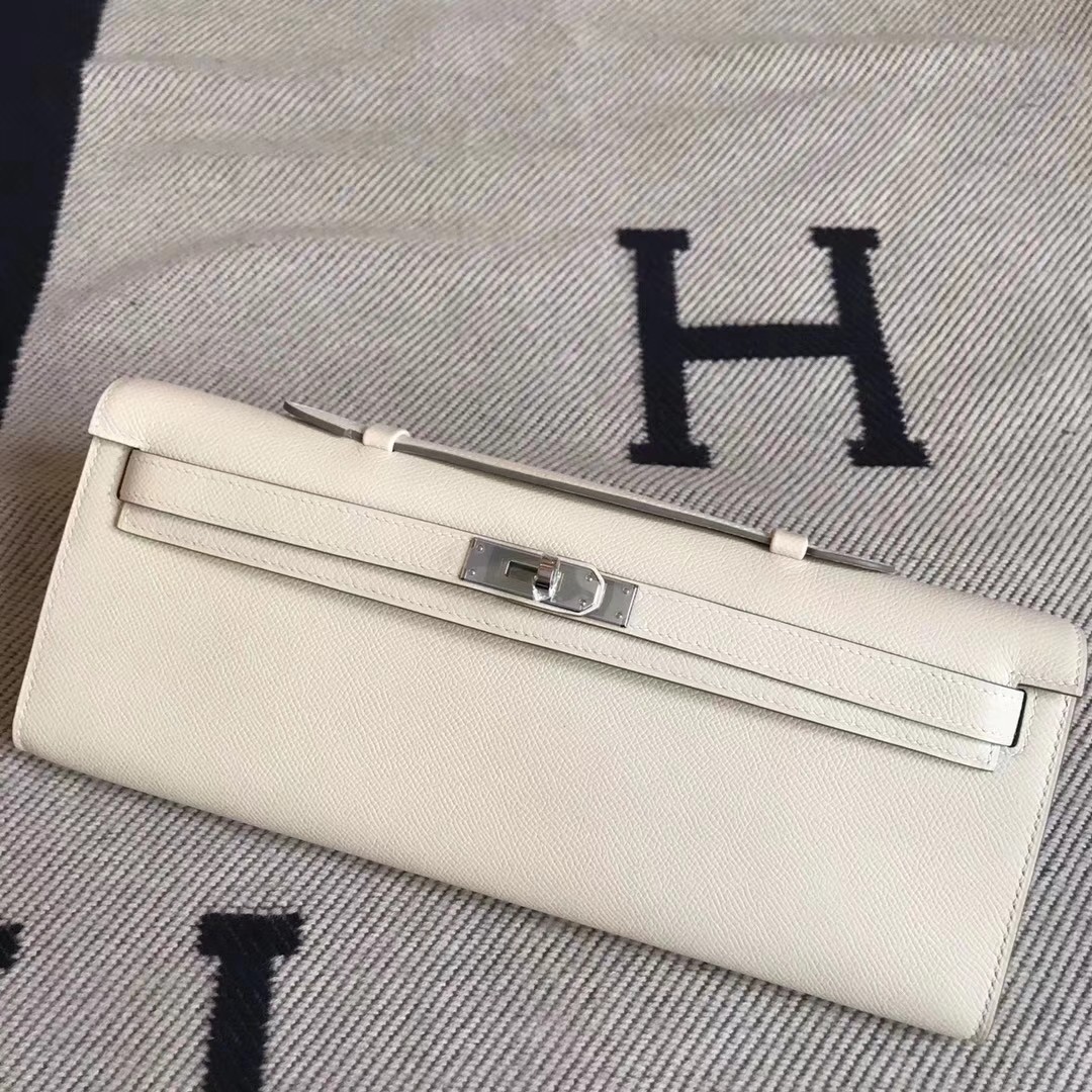 Luxury Hermes Epsom Calfskin Leather Kelly Cut in Craie White Silver Hardware