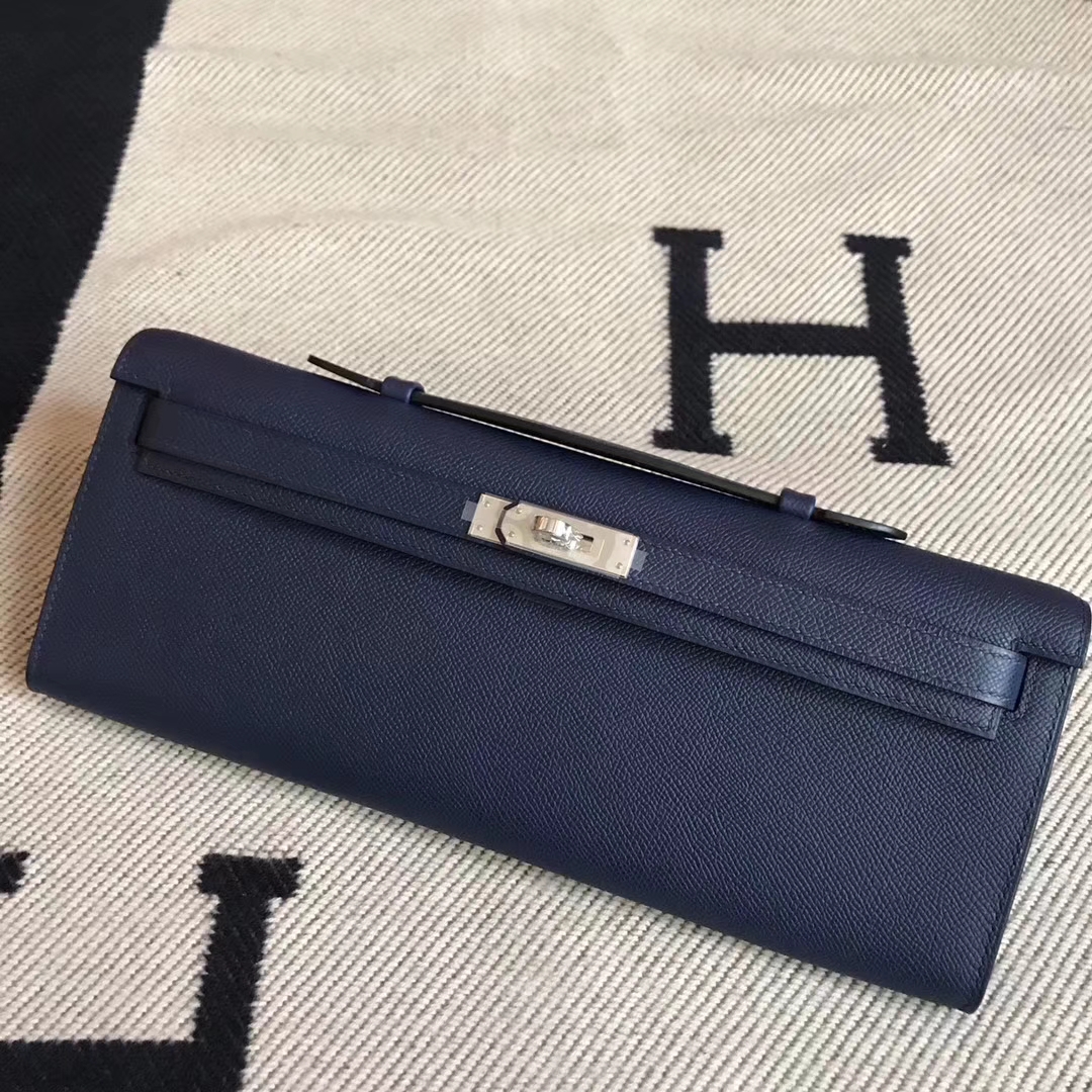 Noble Hermes Dark Blue Epsom Calfskin Leather Kelly Cut Clutch Bag31cm