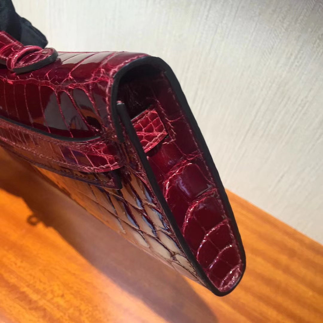 Discount Hermes F5 Bourgogne Red Shiny Crocodile Kelly Cut Clutch Bag31CM