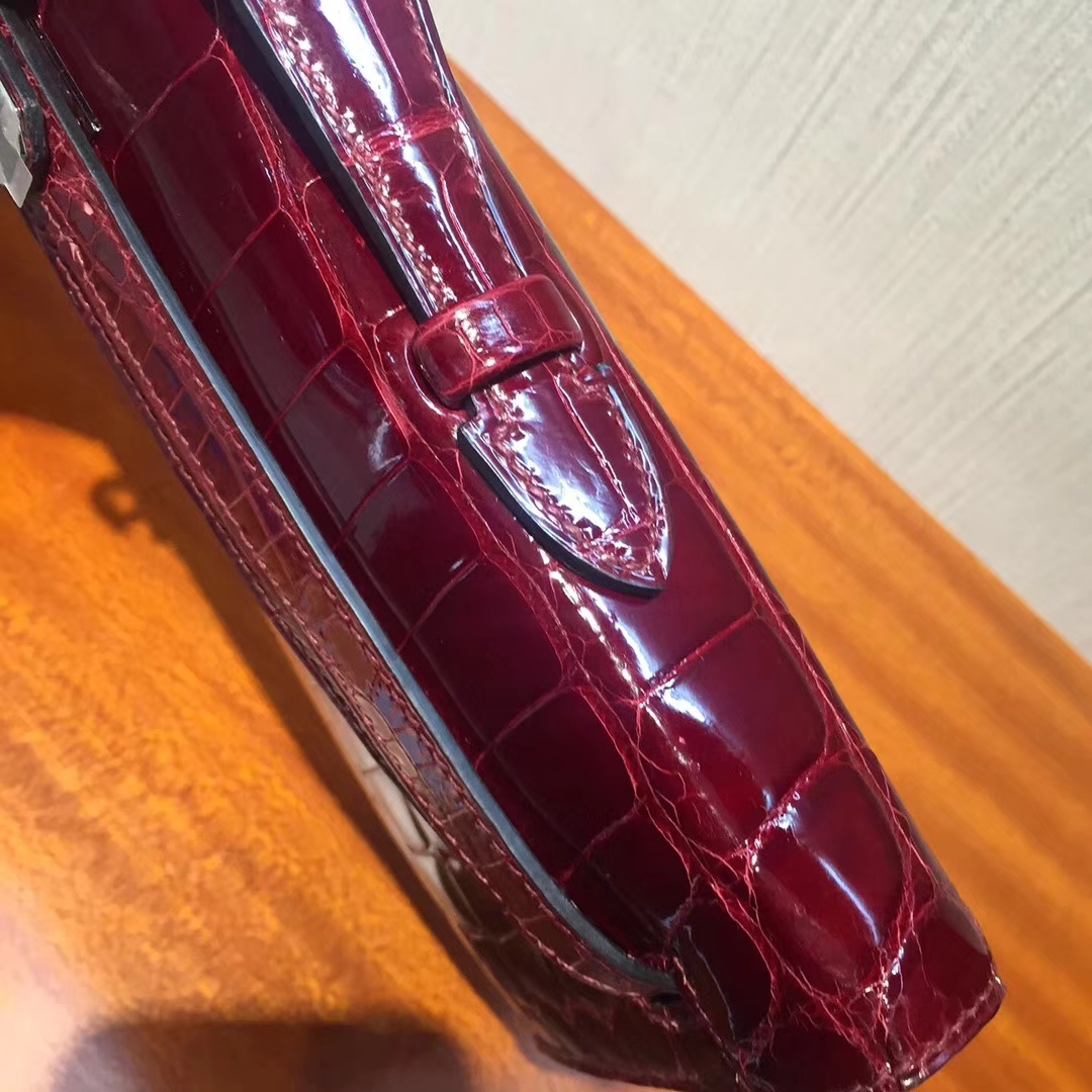 Discount Hermes F5 Bourgogne Red Shiny Crocodile Kelly Cut Clutch Bag31CM