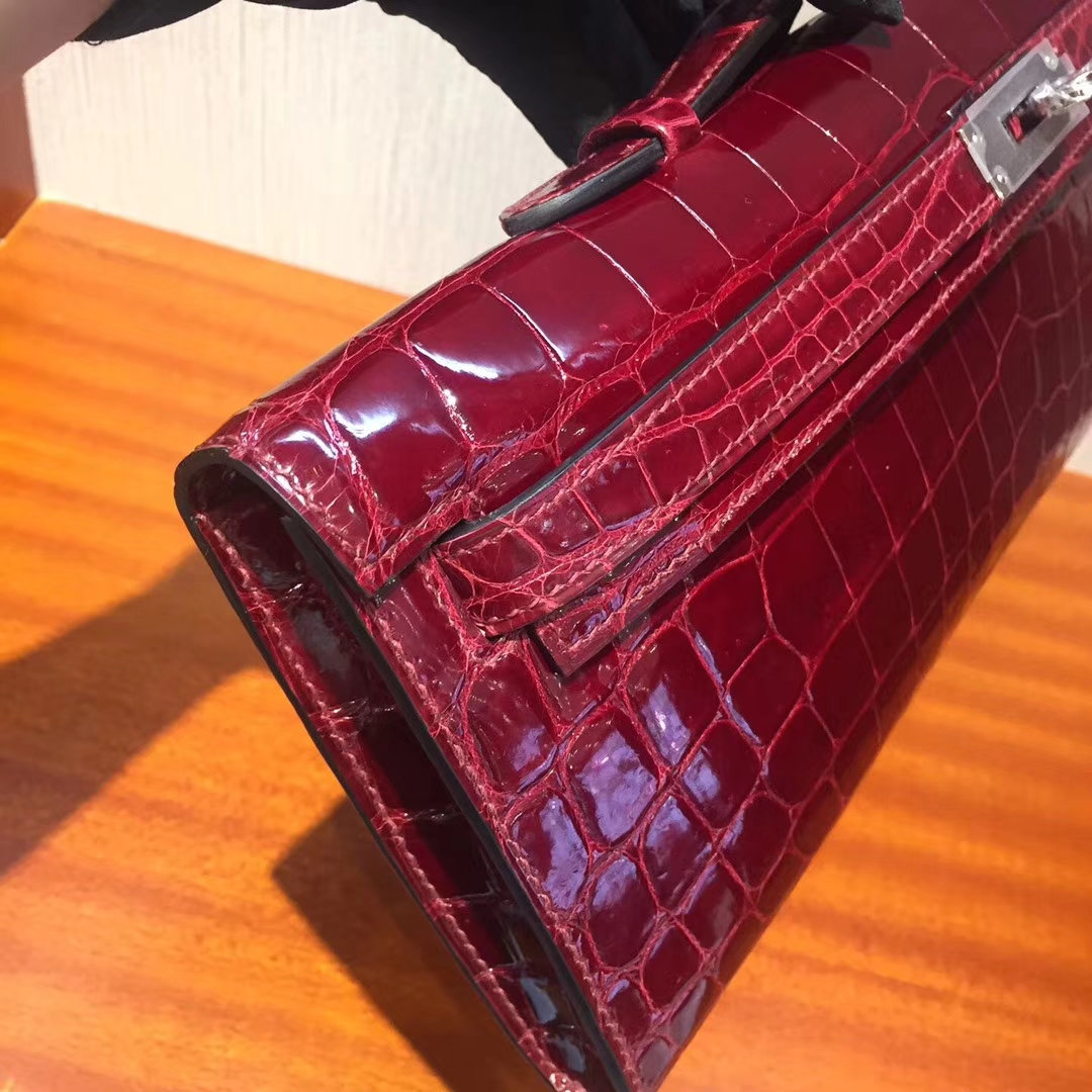 Discount Hermes F5 Bourgogne Red Shiny Crocodile Kelly Cut Clutch Bag31CM