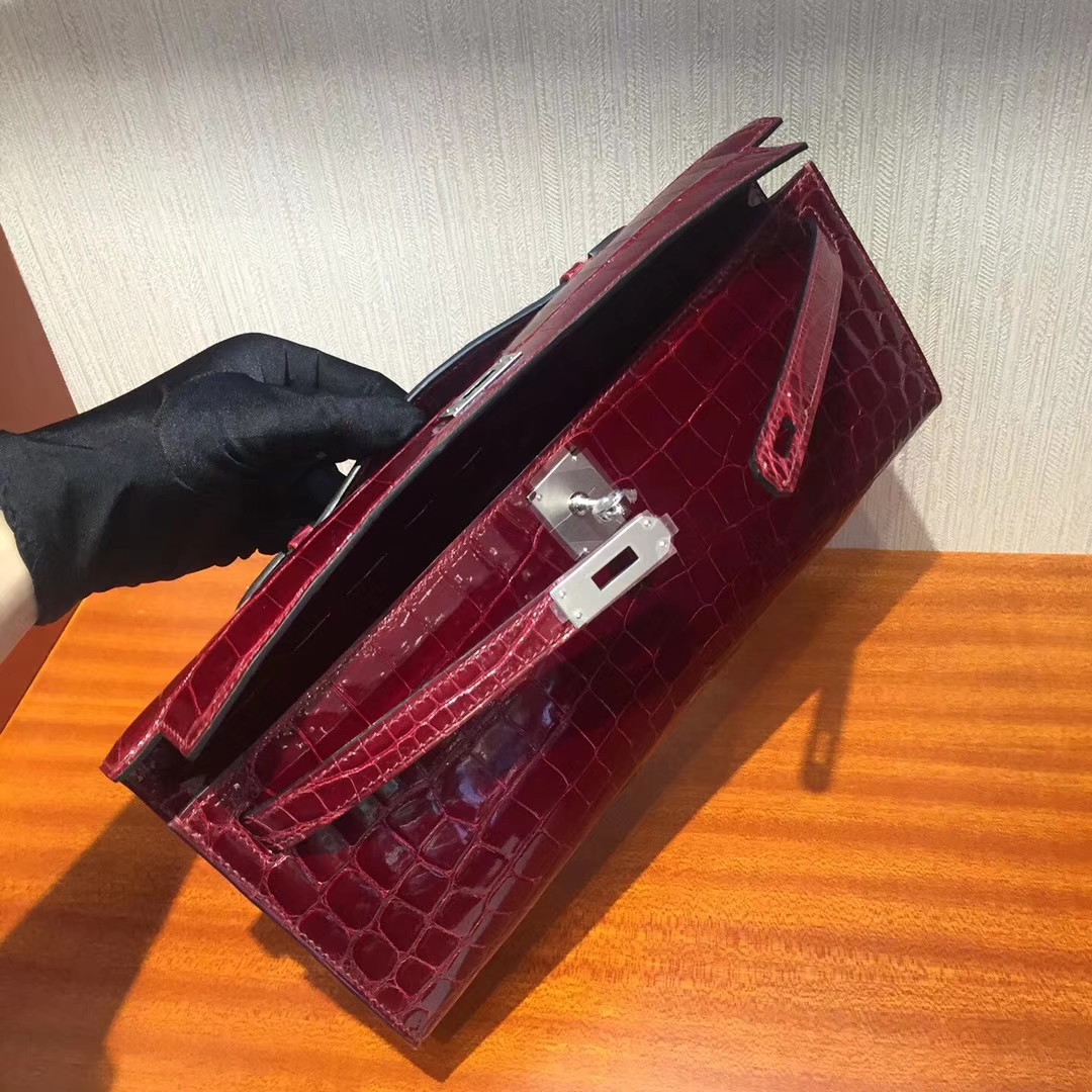 Discount Hermes F5 Bourgogne Red Shiny Crocodile Kelly Cut Clutch Bag31CM