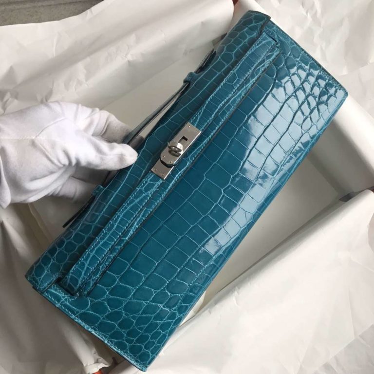 Hermes 7W Blue Izmir Crocodile Shiny Leather Kelly Cut 31CM Evening Bag
