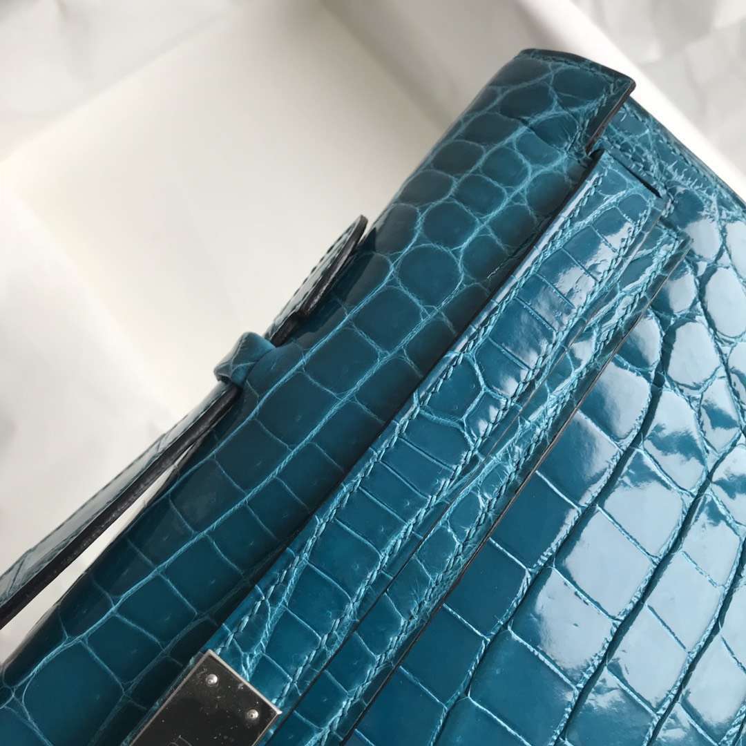 Luxury Hermes 7W Blue Izmir Crocodile Shiny Leather Kelly Cut31CM Evening Bag