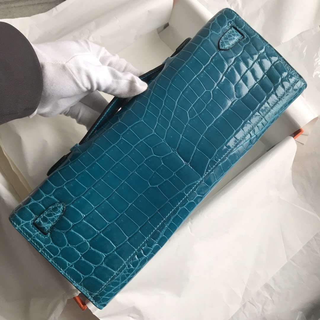 Luxury Hermes 7W Blue Izmir Crocodile Shiny Leather Kelly Cut31CM Evening Bag