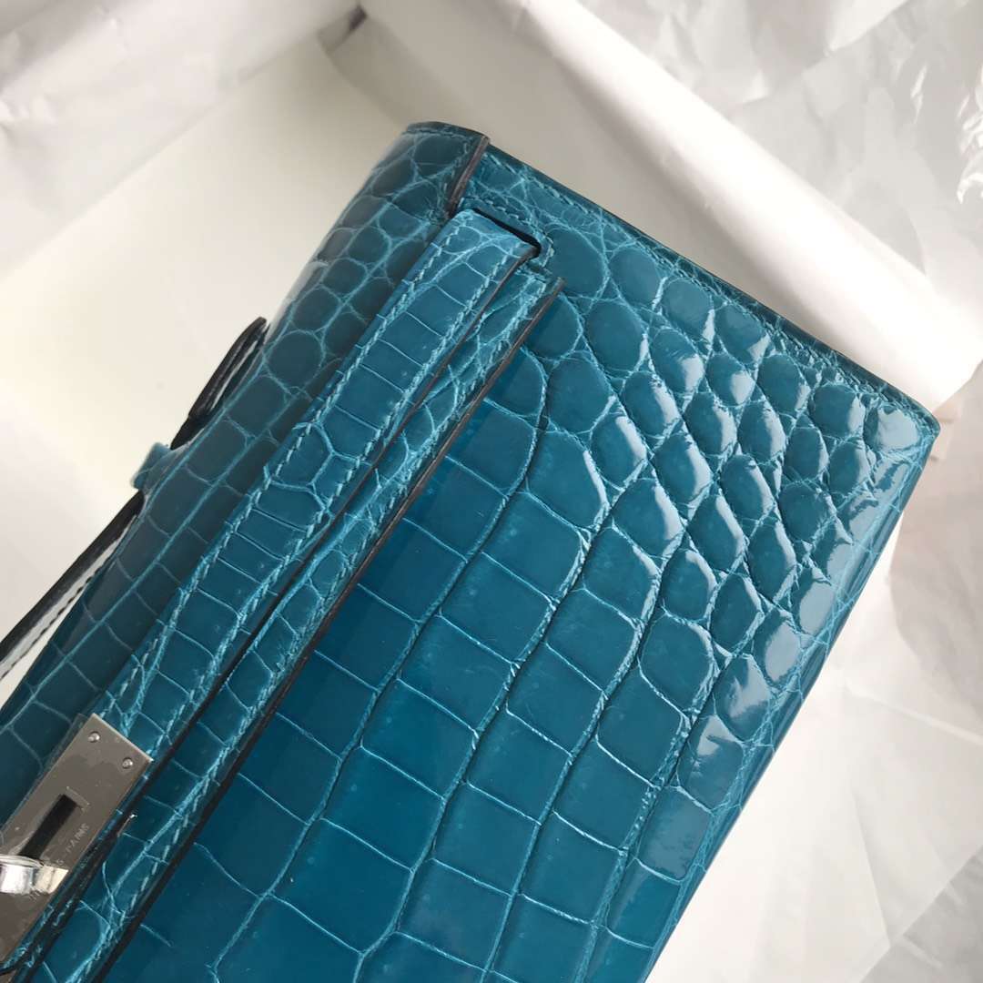 Luxury Hermes 7W Blue Izmir Crocodile Shiny Leather Kelly Cut31CM Evening Bag