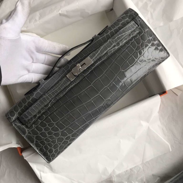 Hermes Graphite Grey Crocodile Shiny Kelly Cut Clutch Bag 31CM
