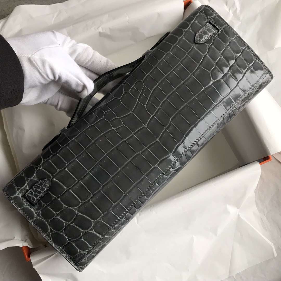 Discount Hermes Graphite Grey Crocodile Shiny Kelly Cut Clutch Bag31CM