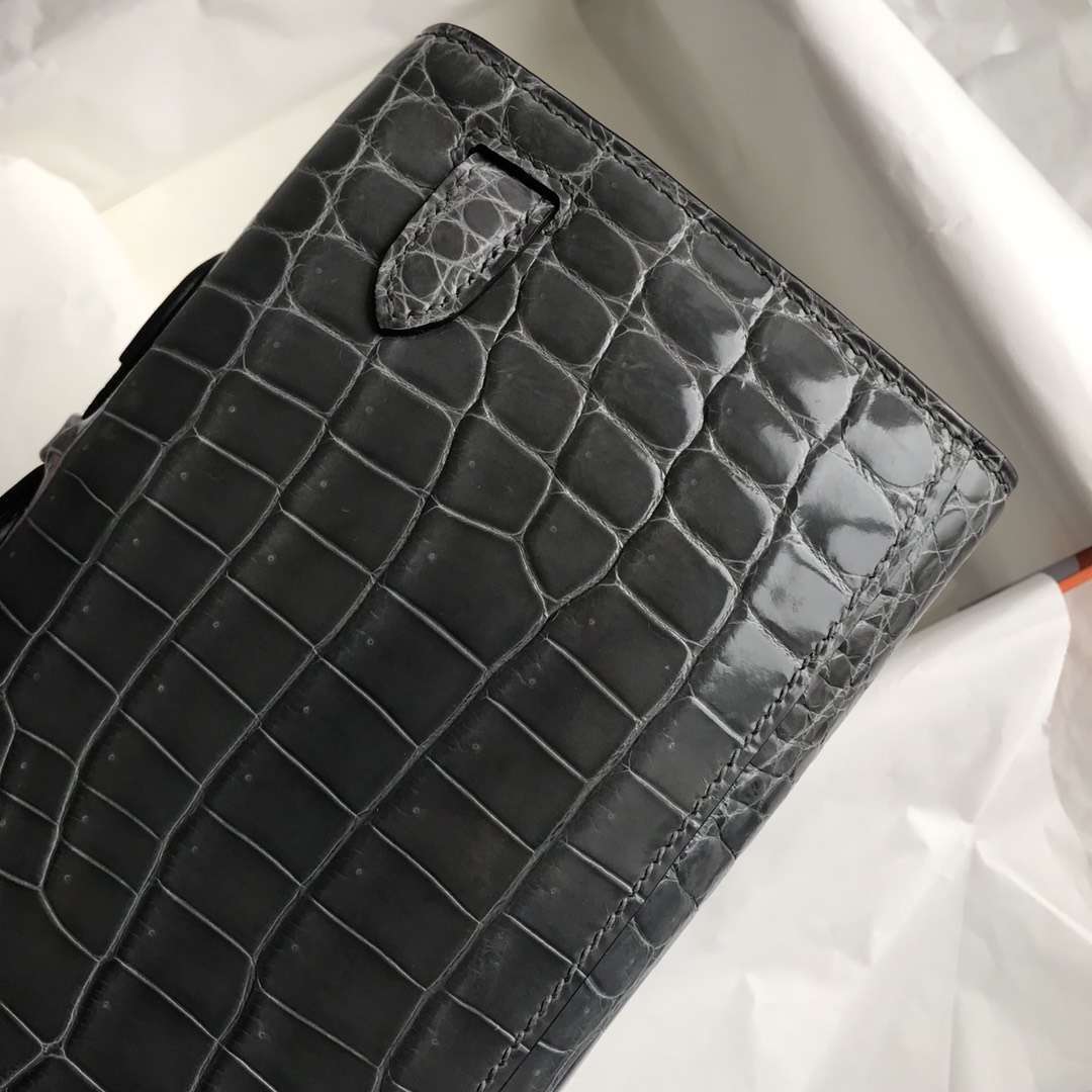 Discount Hermes Graphite Grey Crocodile Shiny Kelly Cut Clutch Bag31CM