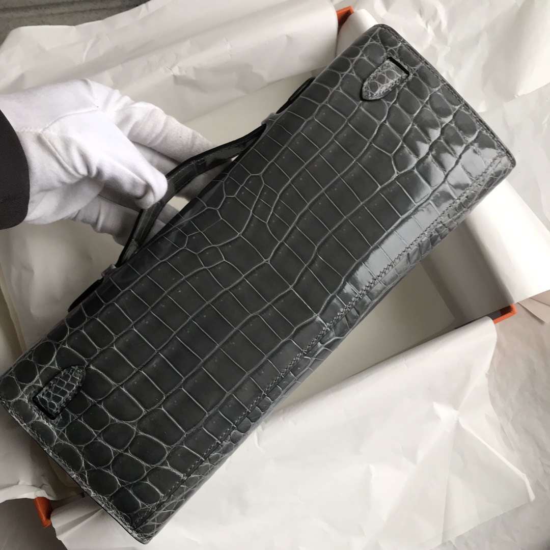 Discount Hermes Graphite Grey Crocodile Shiny Kelly Cut Clutch Bag31CM
