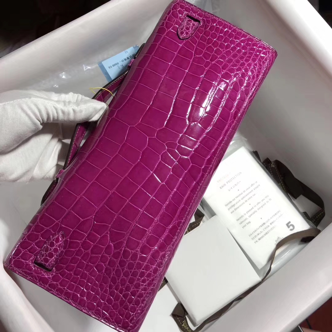 Elegant Hermes J5 Rose Scheherazade Shiny Crocodile Kelly Cut Clutch Bag31CM