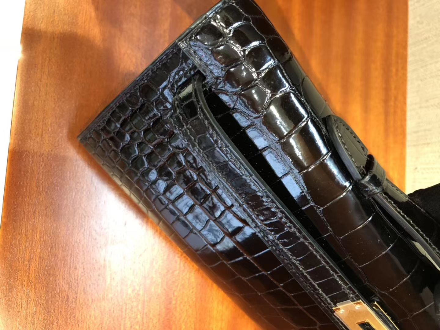Noble Hermes CK89 Black Shiny Crocodile Kelly Cut Clutch Evening Bag