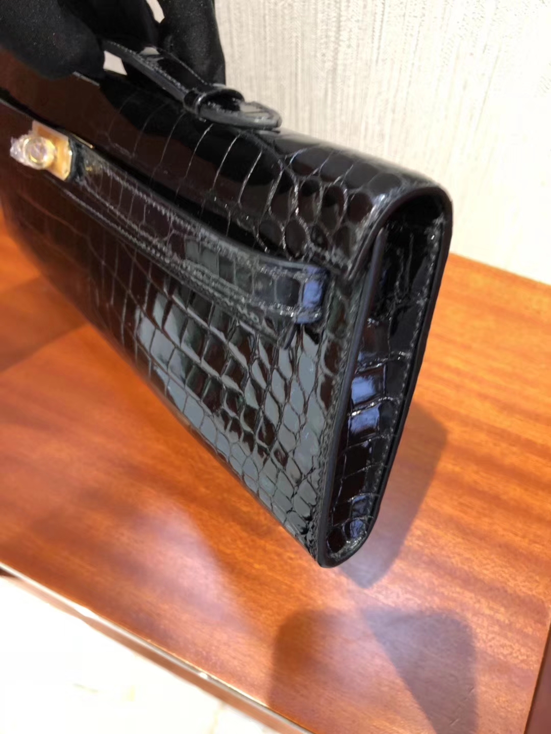 Noble Hermes CK89 Black Shiny Crocodile Kelly Cut Clutch Evening Bag