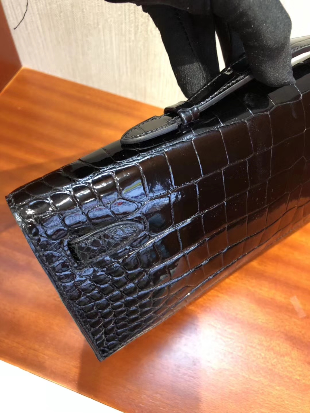 Noble Hermes CK89 Black Shiny Crocodile Kelly Cut Clutch Evening Bag