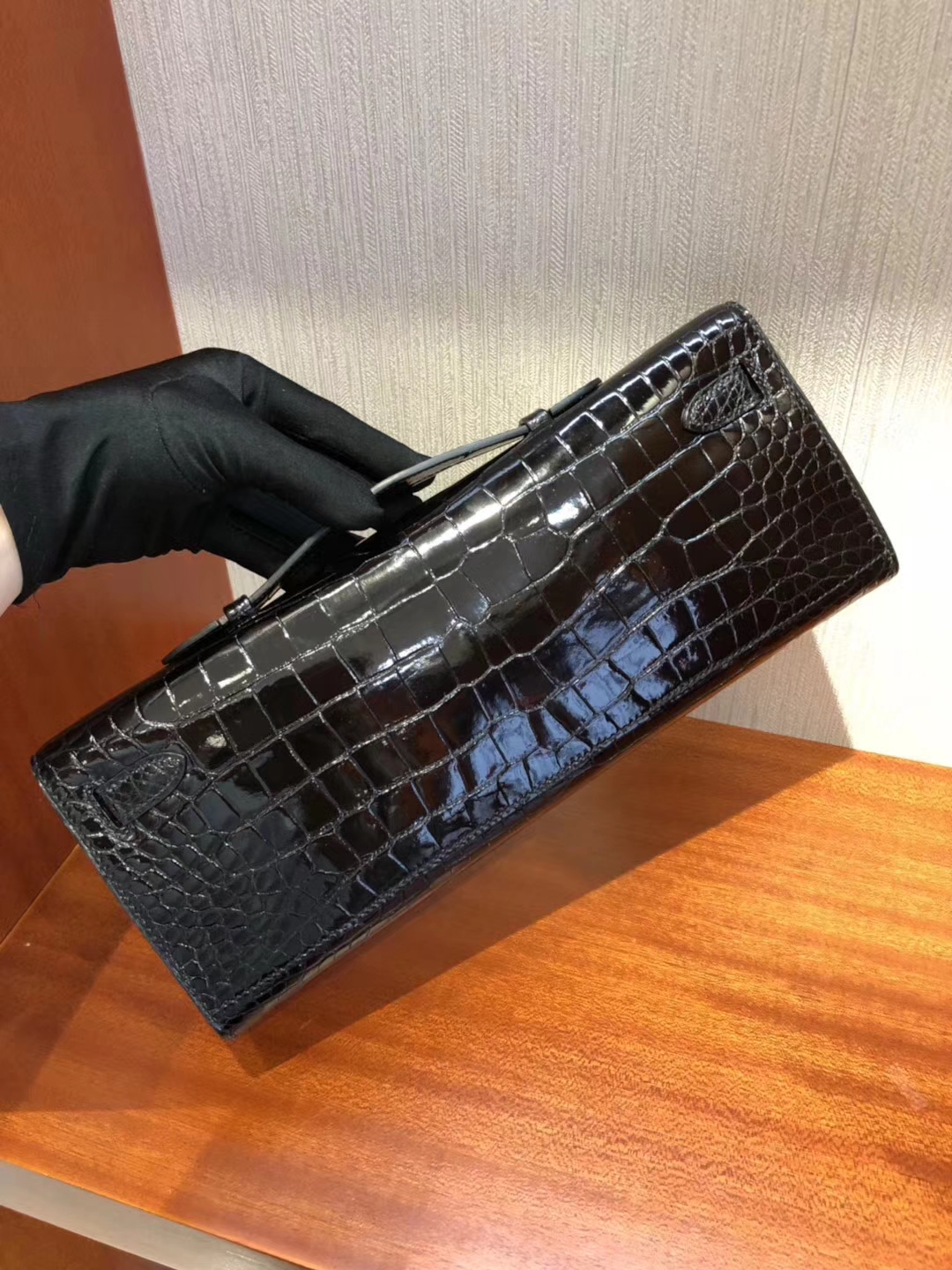 Noble Hermes CK89 Black Shiny Crocodile Kelly Cut Clutch Evening Bag