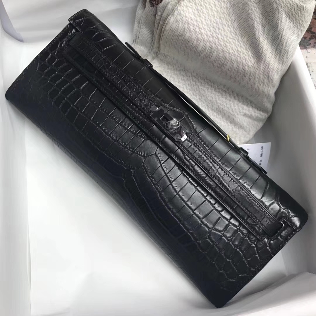 Wholesale Hermes CK89 Black Crocodile Matt Leather Kelly Cut31CM Clutch Bag