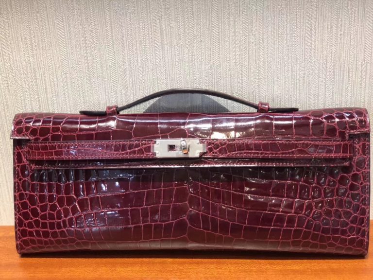 Hermes CK57 Bordeaux Red Shiny Crocodile Leather Kelly Cut Clutch Bag