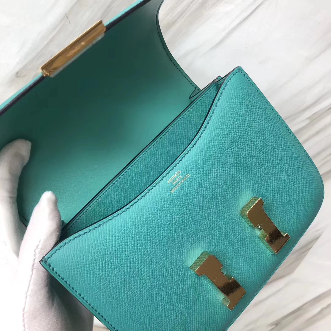 Stock Hermes 7F Blue Paon Epsom Calf Constance Bag18CM Gold Hardware