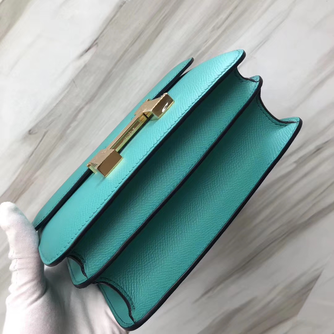 Stock Hermes 7F Blue Paon Epsom Calf Constance Bag18CM Gold Hardware