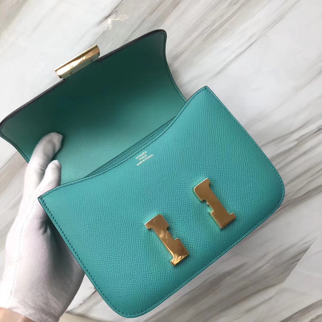 Stock Hermes 7F Blue Paon Epsom Calf Constance Bag18CM Gold Hardware