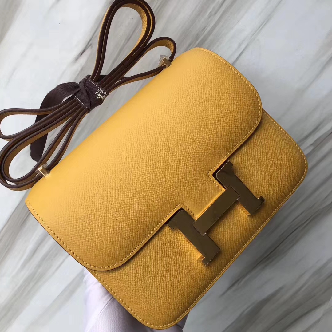 Stock Hermes 9D Ambre Yellow Epsom Calf Constance Shoulder Bag18CM Gold Hardware