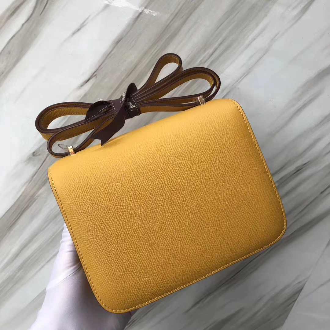 Stock Hermes 9D Ambre Yellow Epsom Calf Constance Shoulder Bag18CM Gold Hardware