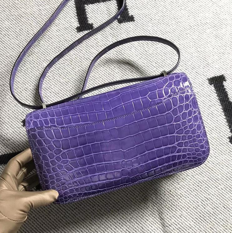 Stock Luxury Hermes Amethyst Purple Shiny Crocodile Constance26CM Bag Silver Hardware