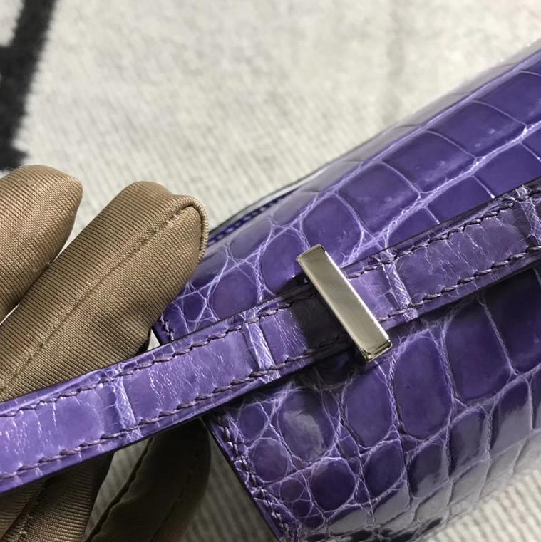 Stock Luxury Hermes Amethyst Purple Shiny Crocodile Constance26CM Bag Silver Hardware