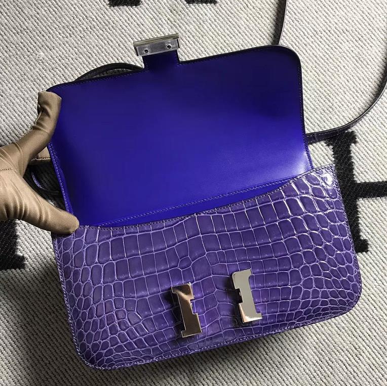 Stock Luxury Hermes Amethyst Purple Shiny Crocodile Constance26CM Bag Silver Hardware