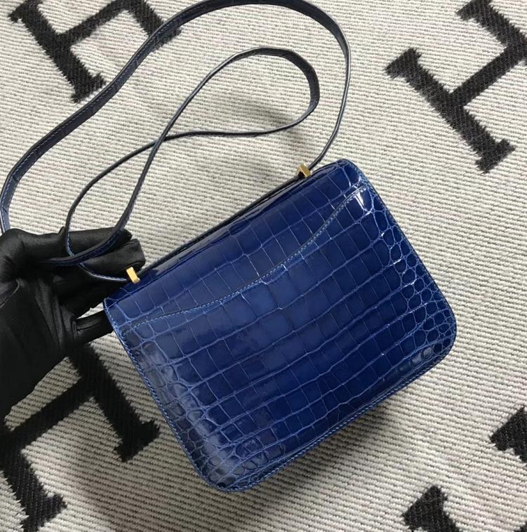 Stock Wholesale Hermes Royal Blue Shiny Crocodile Constance19CM Bag Gold Hardware