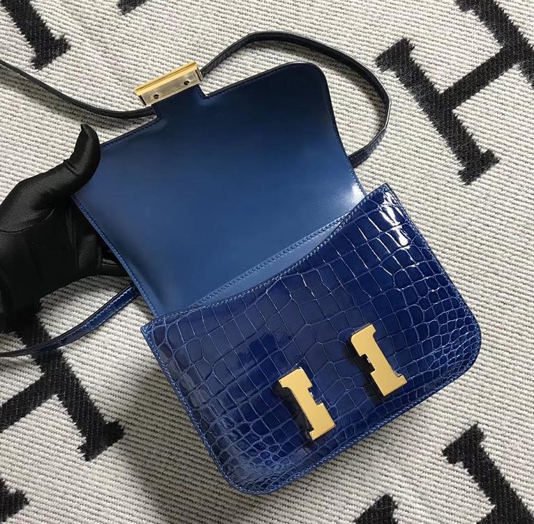Stock Wholesale Hermes Royal Blue Shiny Crocodile Constance19CM Bag Gold Hardware