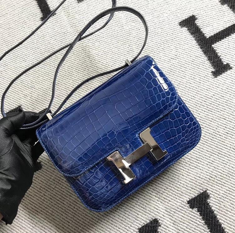 Stock Hermes Shiny Crocodile Constance Bag19CM in Royal Blue Silver Hardware