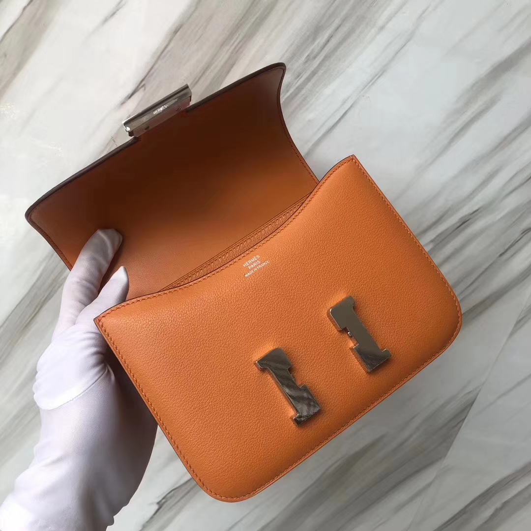 Stock Discount Hermes Constance18CM Bag in i9 Apricot Evecolor Leather Silver Hardware
