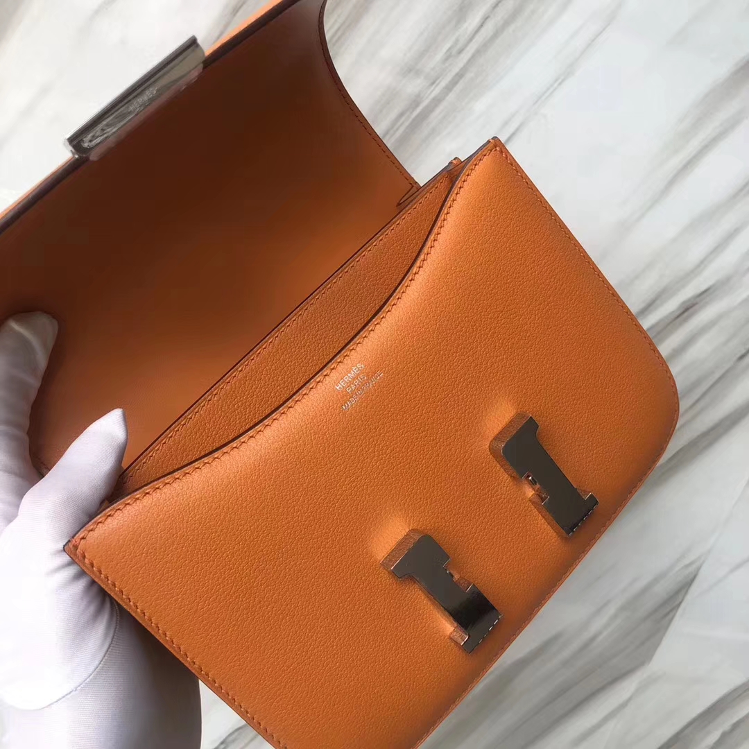 Stock Discount Hermes Constance18CM Bag in i9 Apricot Evecolor Leather Silver Hardware