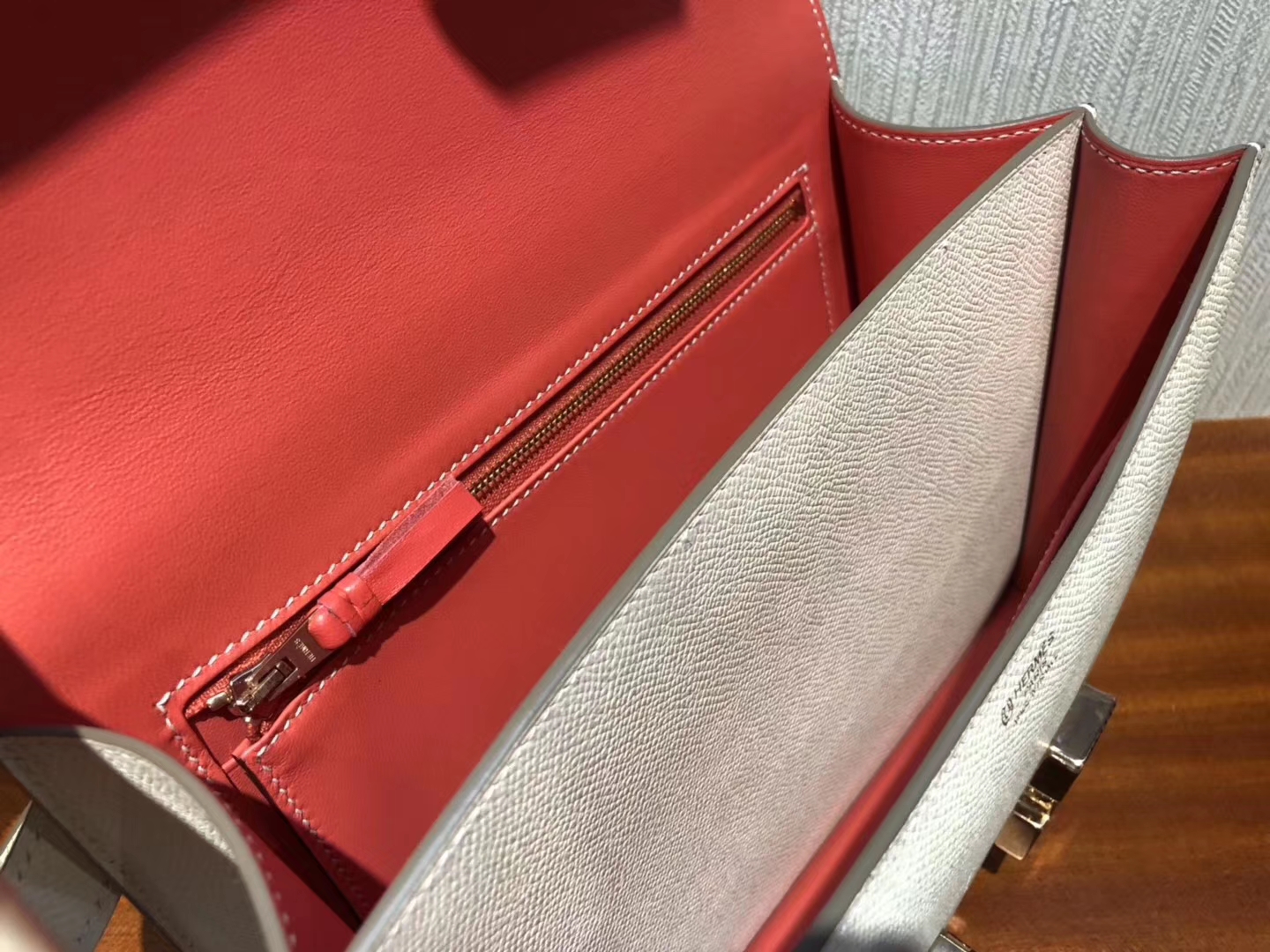 Hermes CK10 Craie/S5 Rose Tomato inner Epsom Calf Constance Bag24CM Rose Gold Hardware