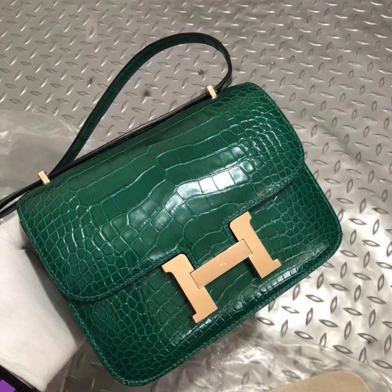 Hermes Shiny Crocodile Constance Bag 18cm in 6Q Vert Emerald Rose Gold Hardware