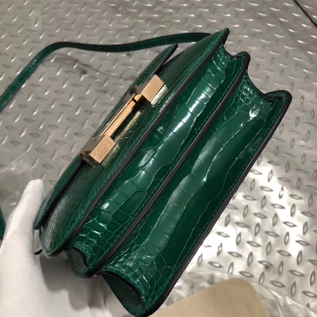 Luxury Hermes Shiny Crocodile Constance Bag18cm in 6Q Vert Emerald Rose Gold Hardware