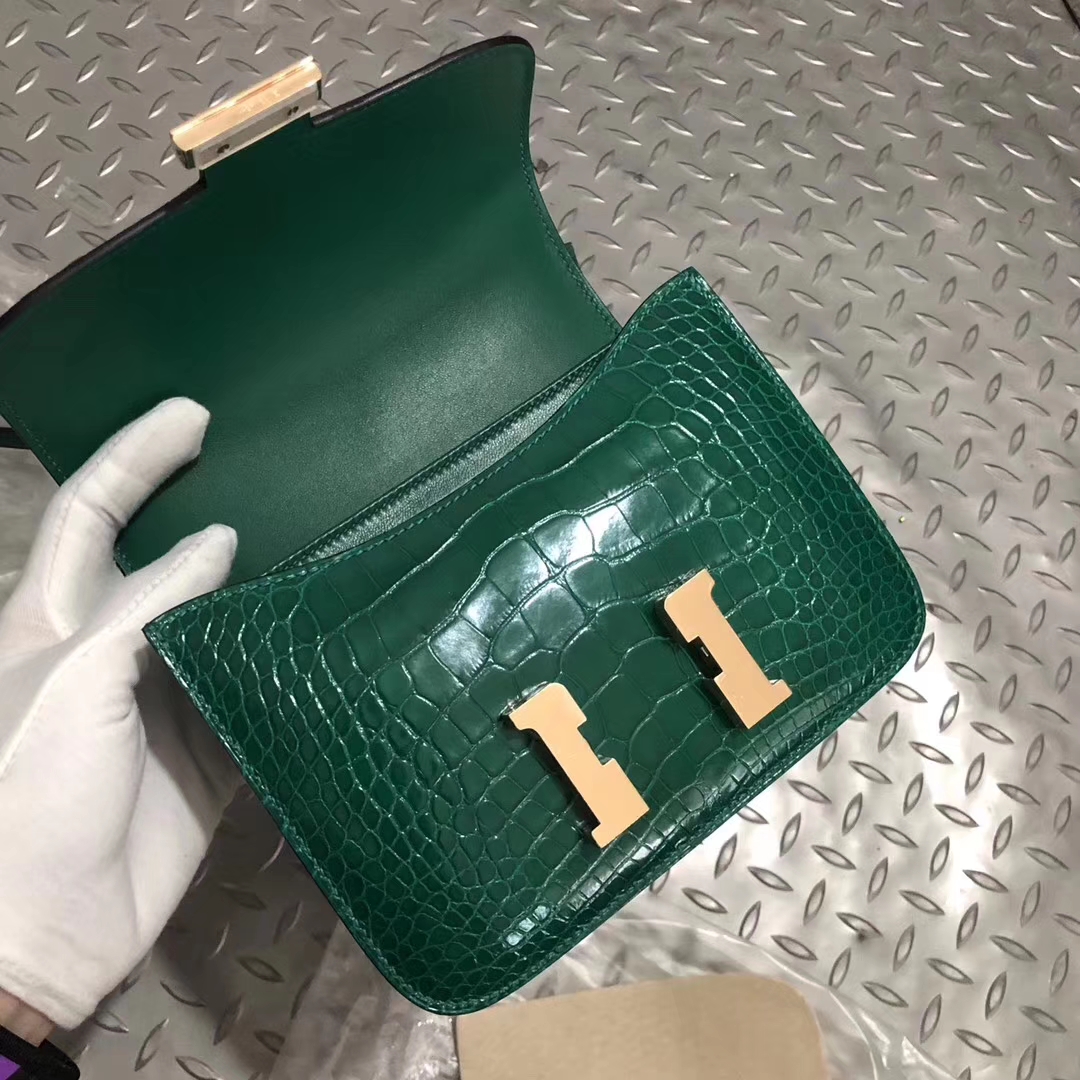 Luxury Hermes Shiny Crocodile Constance Bag18cm in 6Q Vert Emerald Rose Gold Hardware