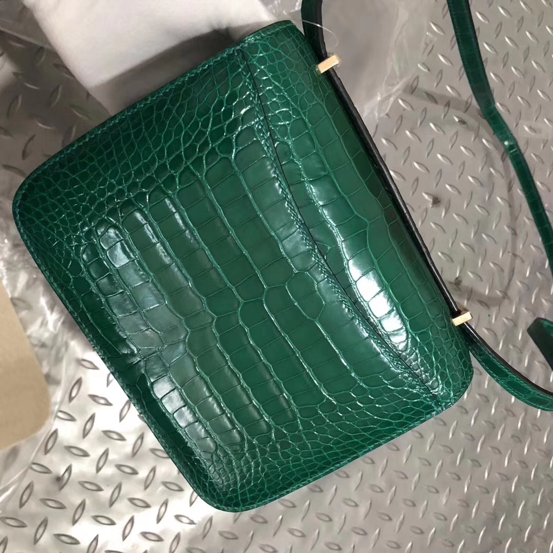 Luxury Hermes Shiny Crocodile Constance Bag18cm in 6Q Vert Emerald Rose Gold Hardware