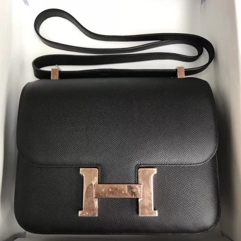 Hermes Epsom Calf Constance 23CM Shoulder Bag CK89 Noir Rose Gold Hardware