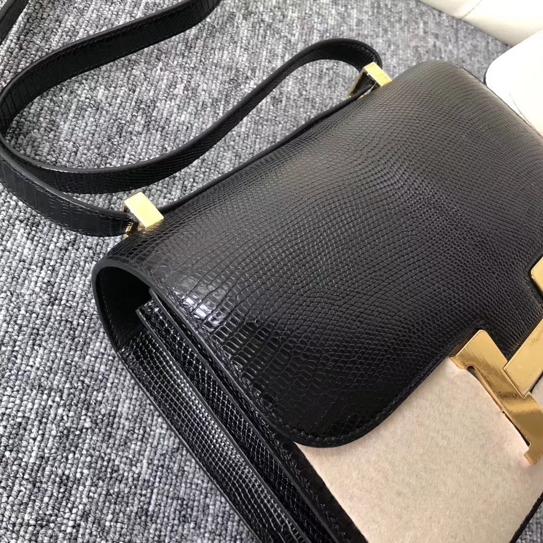 Discount Hermes Shiny Lizard Constance Bag24CM in CK89 Noir Gold Hardware