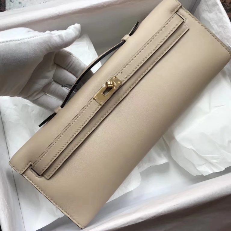 Hermes S2 Trench Grey Swift Calf Kelly Cut Evening Clutch Bag Gold Hardware