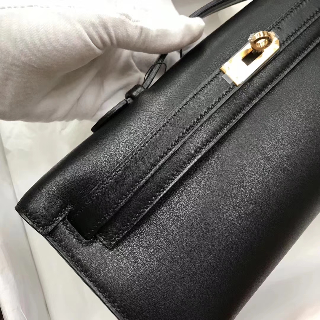 Elegant Hermes Swift Calf Kelly Cut Clutch Bag31CM in CK89 Black Gold Hardware