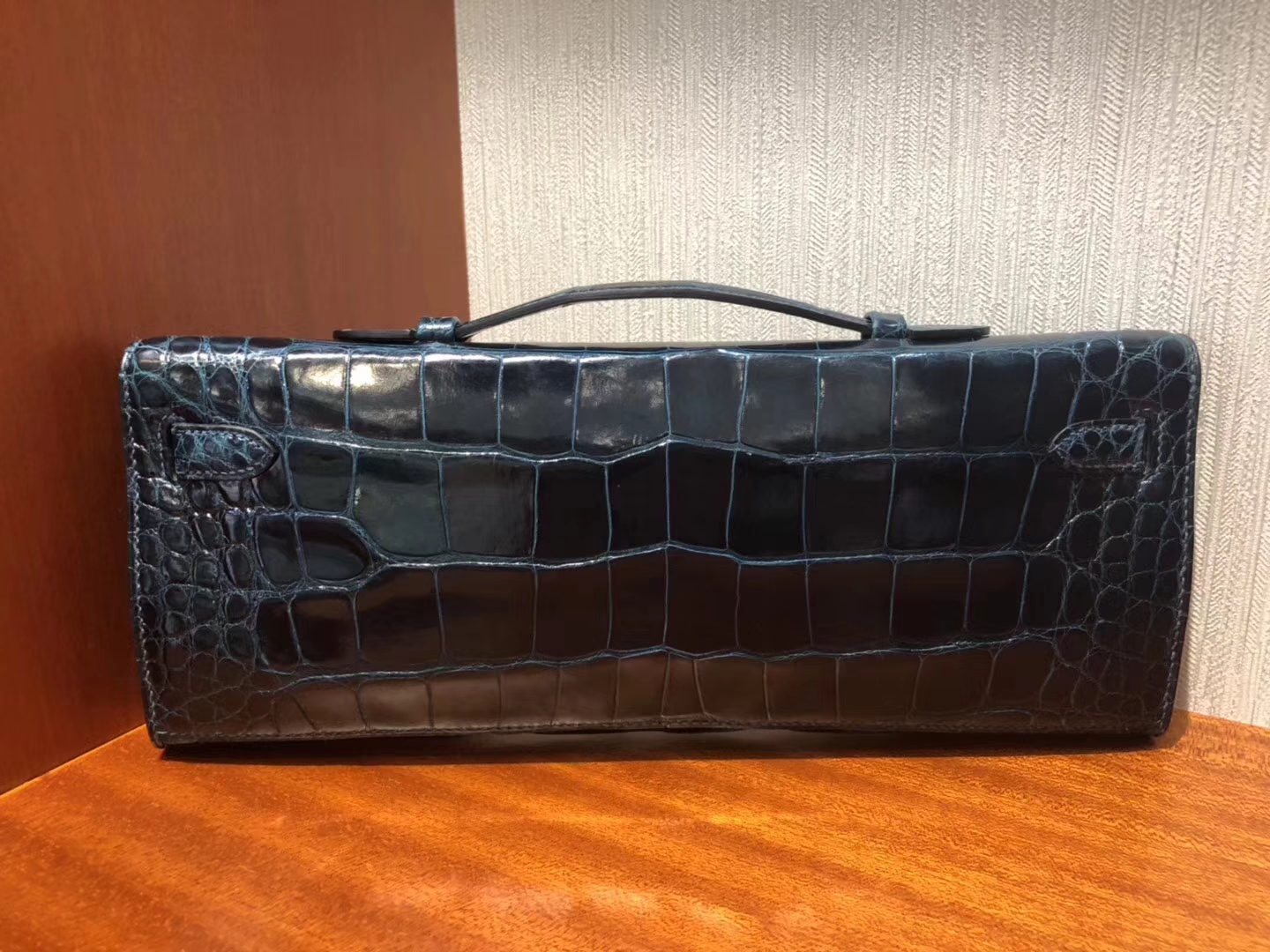 Luxury Hermes Shiny Crocodile Kelly Cut Evening Bag in 1P Duck Blue Silver Hardware