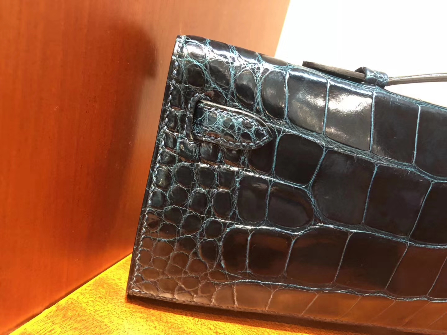 Luxury Hermes Shiny Crocodile Kelly Cut Evening Bag in 1P Duck Blue Silver Hardware