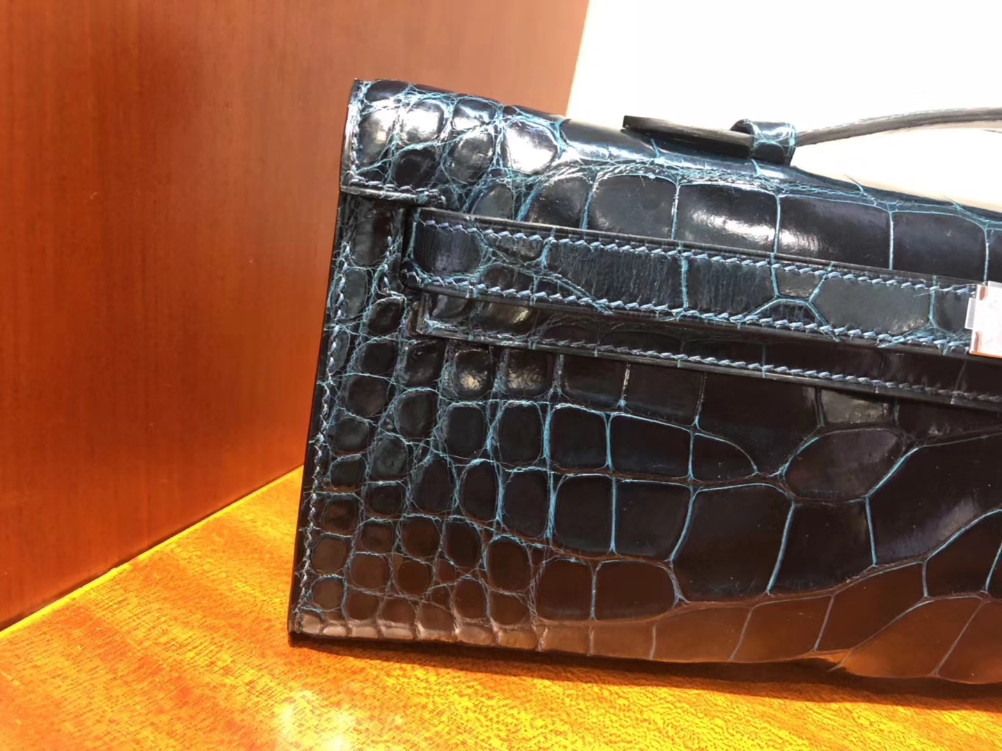 Luxury Hermes Shiny Crocodile Kelly Cut Evening Bag in 1P Duck Blue Silver Hardware