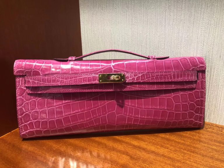Hermes 5J Pink Shiny Crocodile Leather Kelly Cut Handbag Gold Hardware