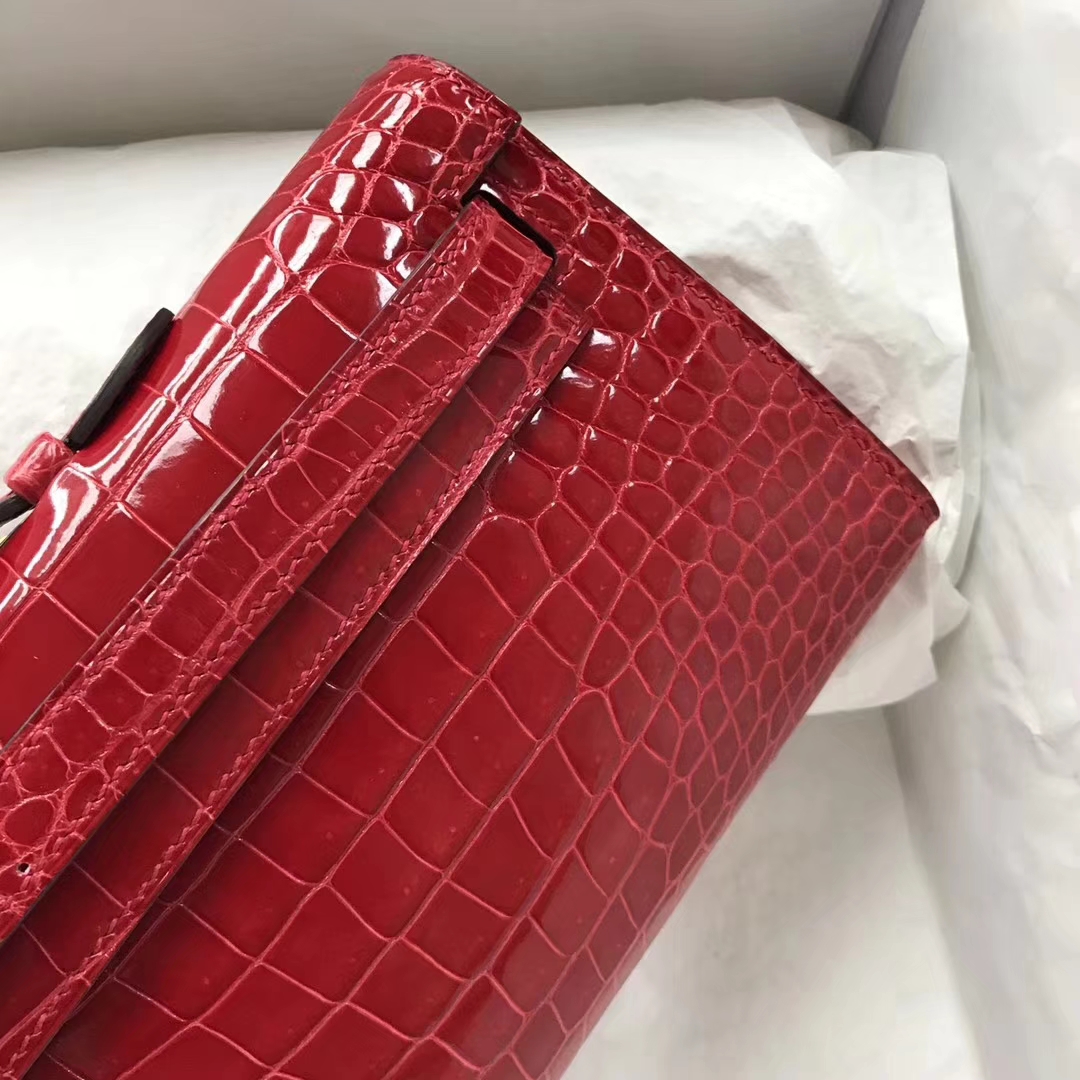 Pretty Hermes CK95 Braise Porosus Shiny Crocodile Kelly Cut Clutch Bag Silver Hardware