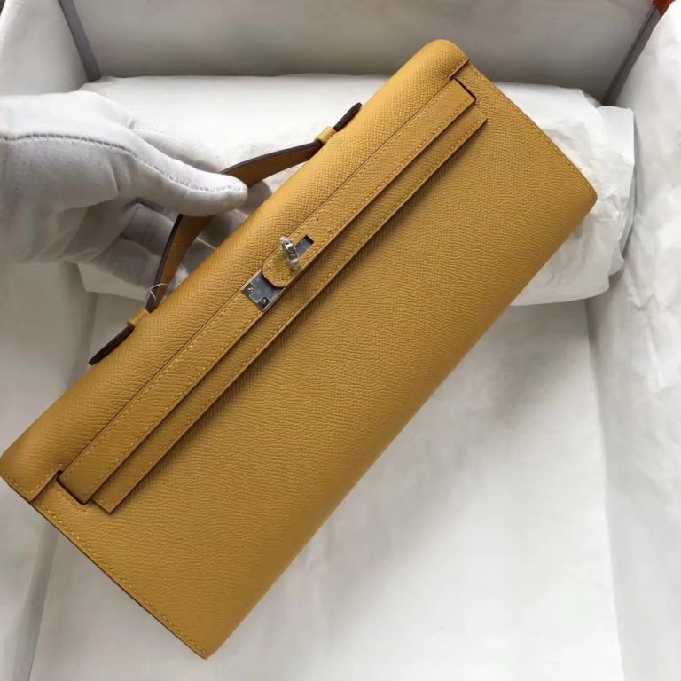 Hermes 9D Ambre Yellow Epsom Calf Kelly Cut Clutch Bag Silver Hardware