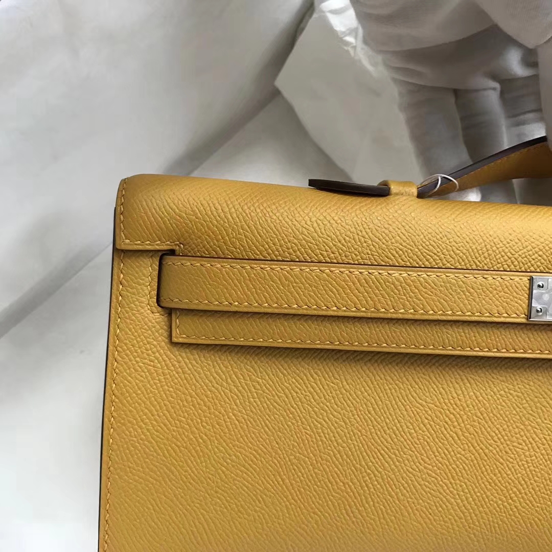 Wholesale Hermes 9D Ambre Yellow Epsom Calf Kelly Cut Clutch Bag Silver Hardware